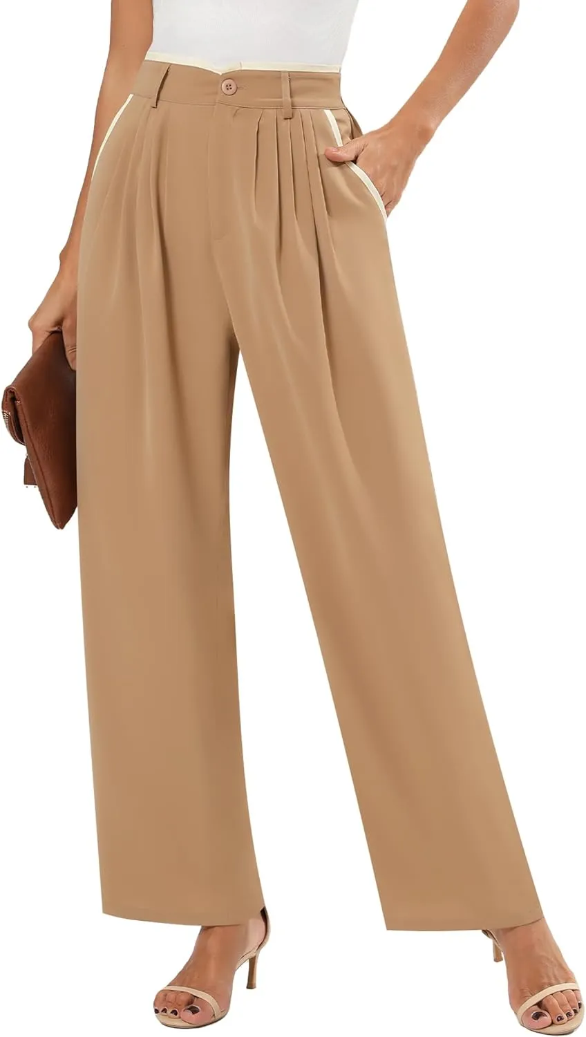 Women's Wide Leg Casual Business Pants with Pockets Pleated Flowy High Waisted Holiday Trousers Pants for Women