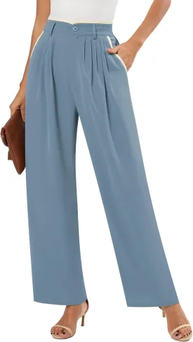 Women's Wide Leg Casual Business Pants with Pockets Pleated Flowy High Waisted Holiday Trousers Pants for Women