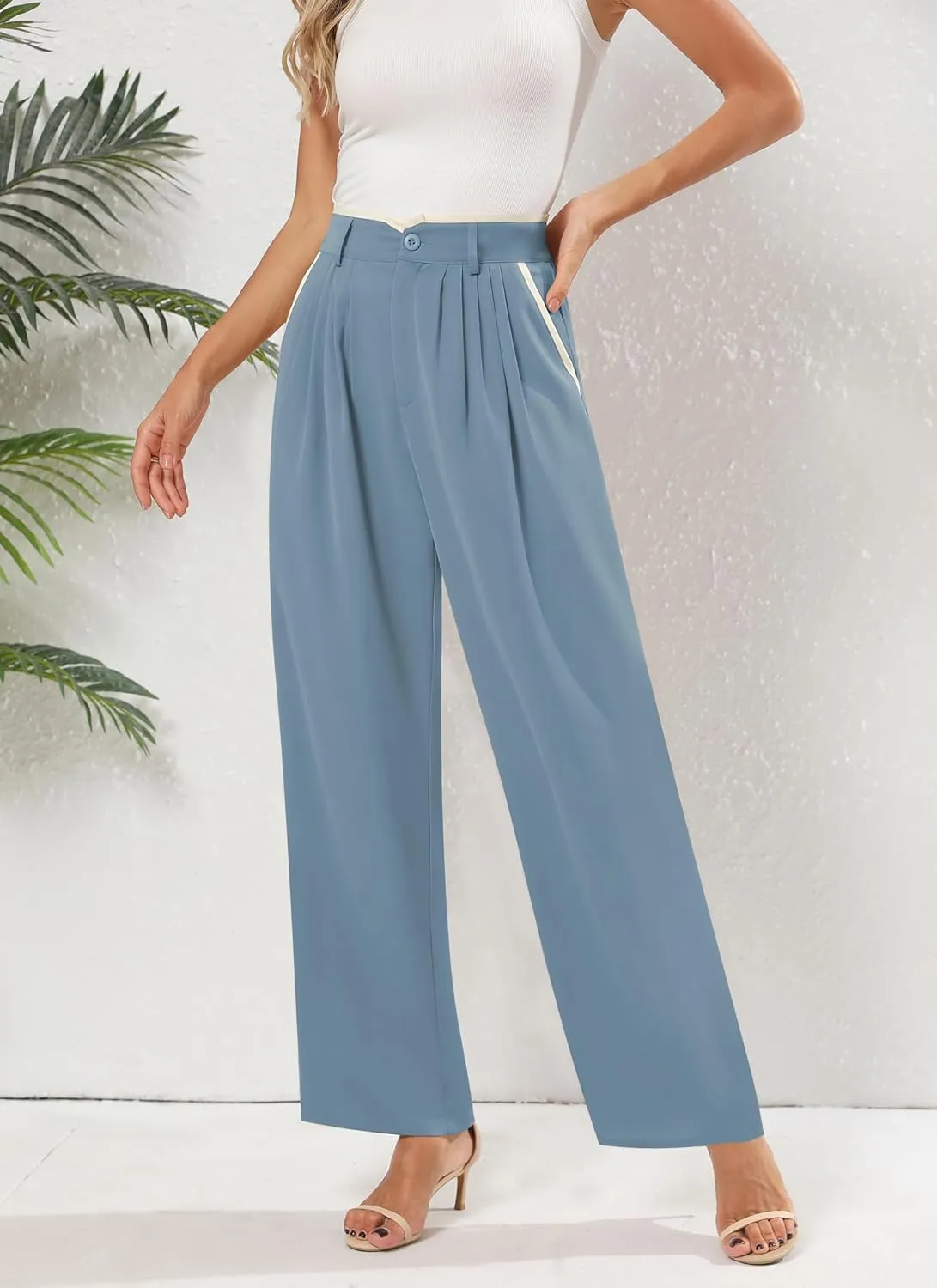 Women's Wide Leg Casual Business Pants with Pockets Pleated Flowy High Waisted Holiday Trousers Pants for Women