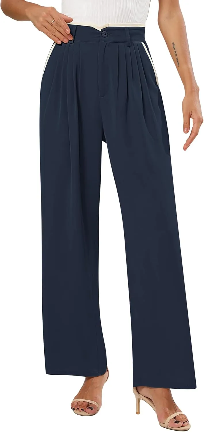 Women's Wide Leg Casual Business Pants with Pockets Pleated Flowy High Waisted Holiday Trousers Pants for Women