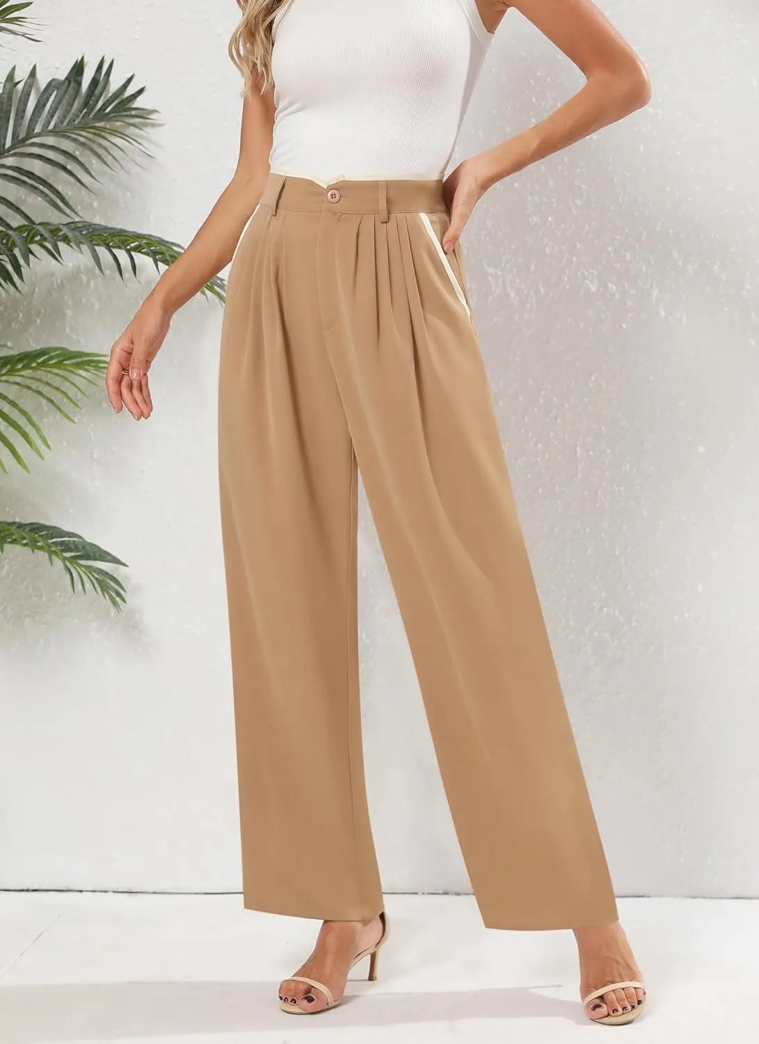 Women's Wide Leg Casual Business Pants with Pockets Pleated Flowy High Waisted Holiday Trousers Pants for Women