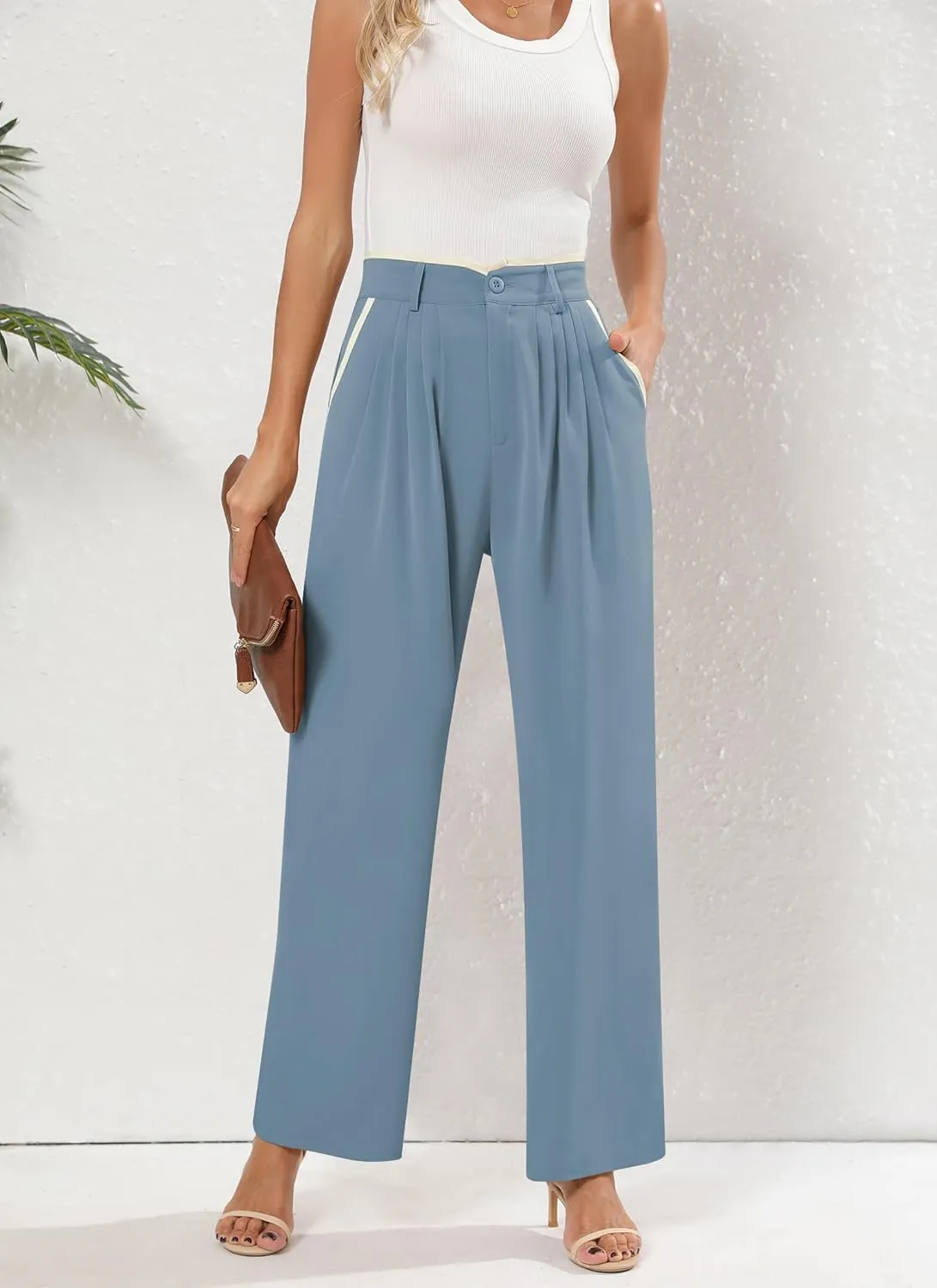 Women's Wide Leg Casual Business Pants with Pockets Pleated Flowy High Waisted Holiday Trousers Pants for Women