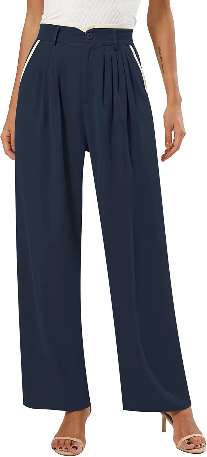 Women's Wide Leg Casual Business Pants with Pockets Pleated Flowy High Waisted Holiday Trousers Pants for Women