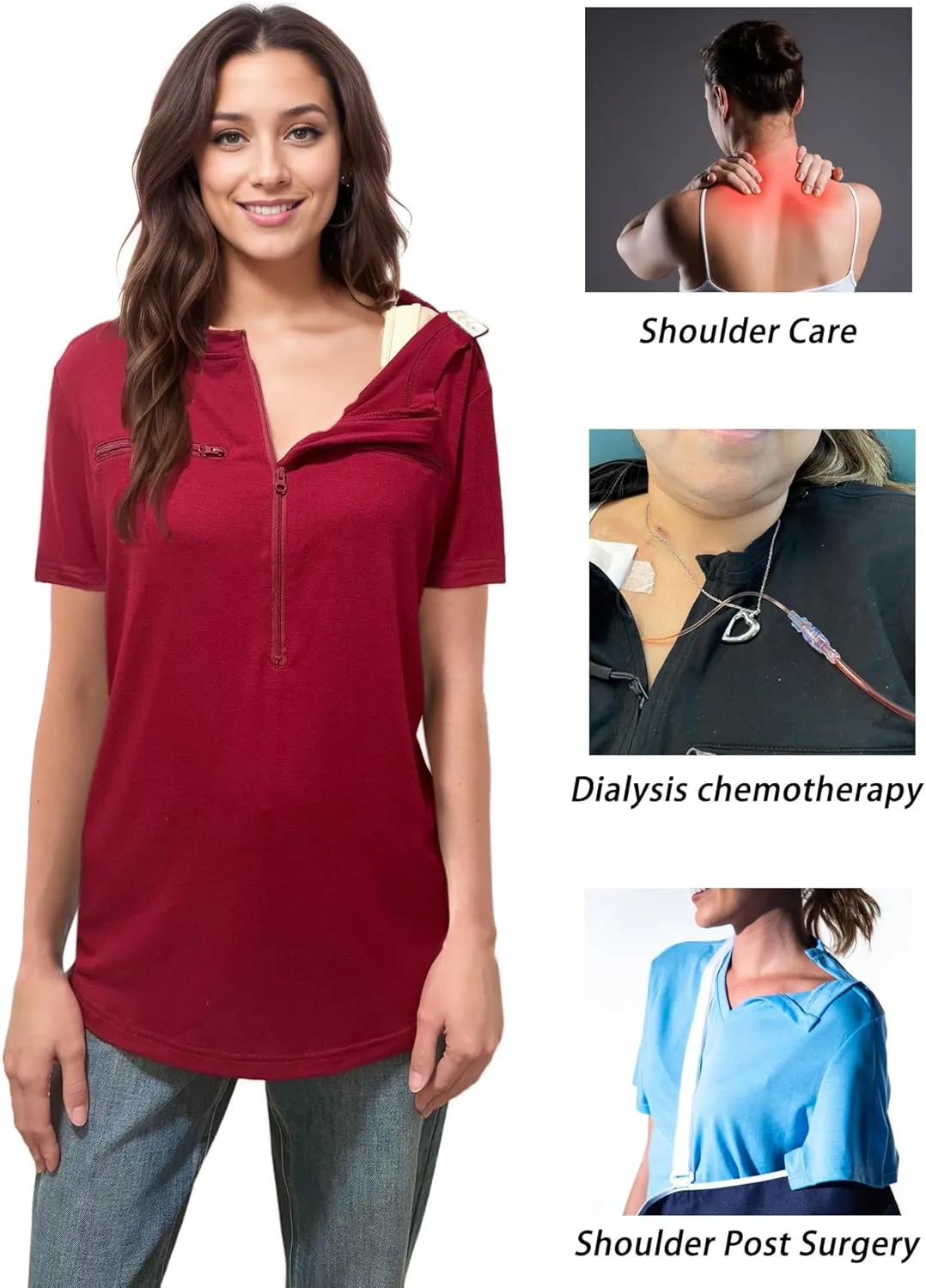 Youdiao Chemo Port Shirts for Women Short Sleeve Post-Surgery Recovery with 2 Side Snaps Dual Zipper Dialysis Cancer Clothing