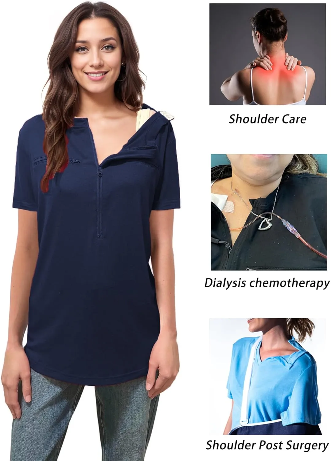Youdiao Chemo Port Shirts for Women Short Sleeve Post-Surgery Recovery with 2 Side Snaps Dual Zipper Dialysis Cancer Clothing