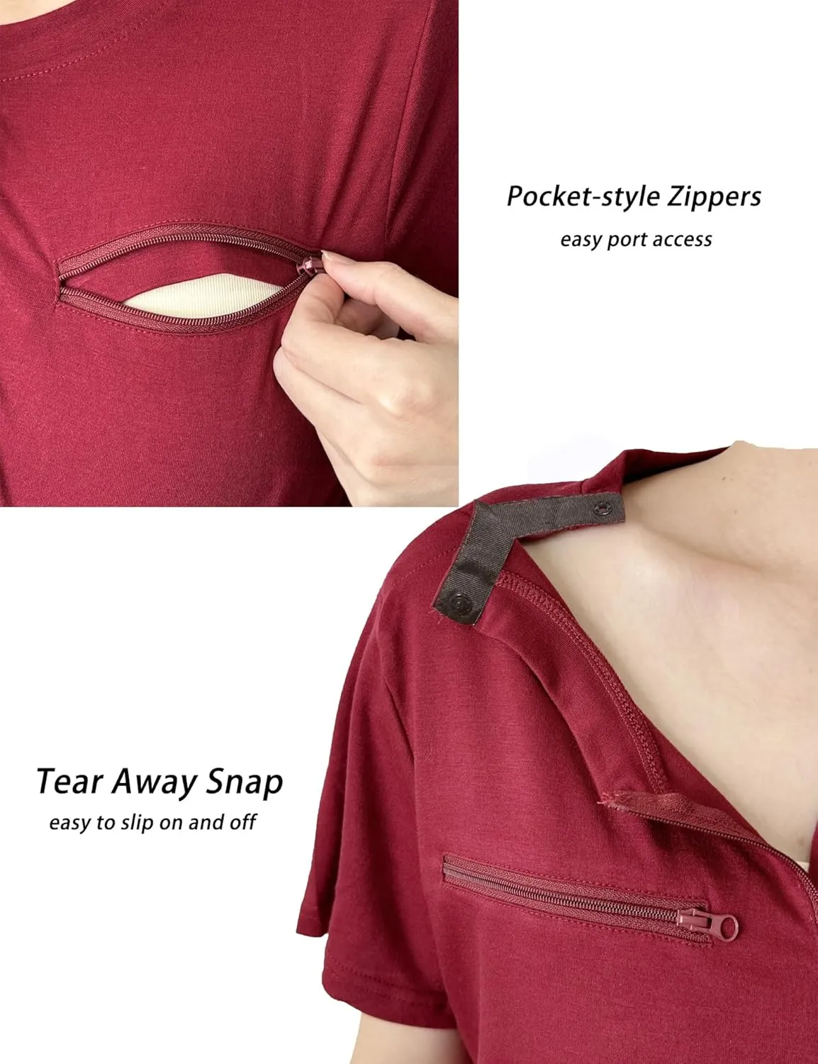 Youdiao Chemo Port Shirts for Women Short Sleeve Post-Surgery Recovery with 2 Side Snaps Dual Zipper Dialysis Cancer Clothing