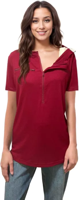 Youdiao Chemo Port Shirts for Women Short Sleeve Post-Surgery Recovery with 2 Side Snaps Dual Zipper Dialysis Cancer Clothing