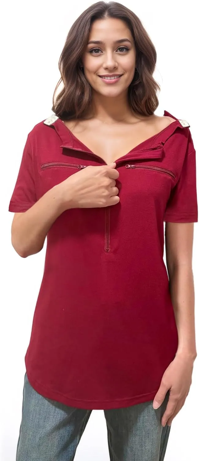 Youdiao Chemo Port Shirts for Women Short Sleeve Post-Surgery Recovery with 2 Side Snaps Dual Zipper Dialysis Cancer Clothing