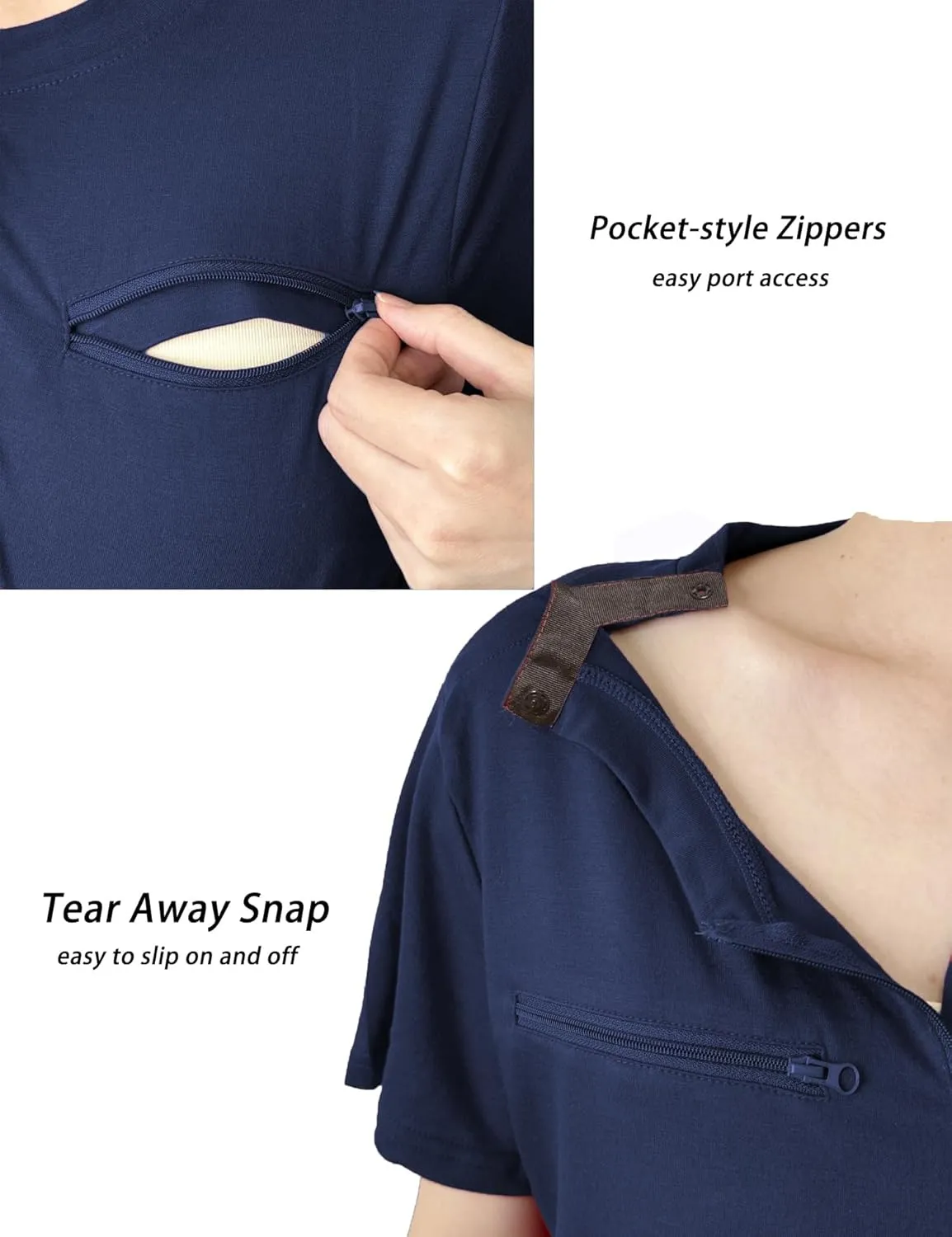 Youdiao Chemo Port Shirts for Women Short Sleeve Post-Surgery Recovery with 2 Side Snaps Dual Zipper Dialysis Cancer Clothing