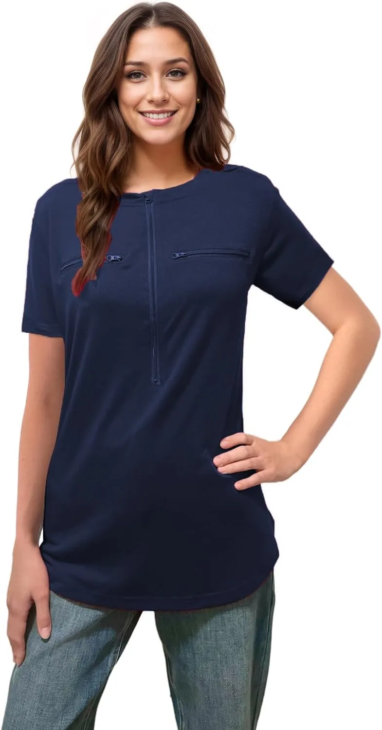 Youdiao Chemo Port Shirts for Women Short Sleeve Post-Surgery Recovery with 2 Side Snaps Dual Zipper Dialysis Cancer Clothing