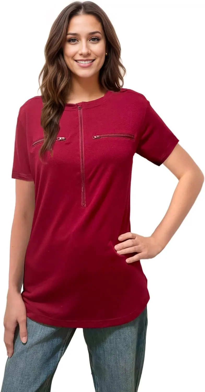 Youdiao Chemo Port Shirts for Women Short Sleeve Post-Surgery Recovery with 2 Side Snaps Dual Zipper Dialysis Cancer Clothing