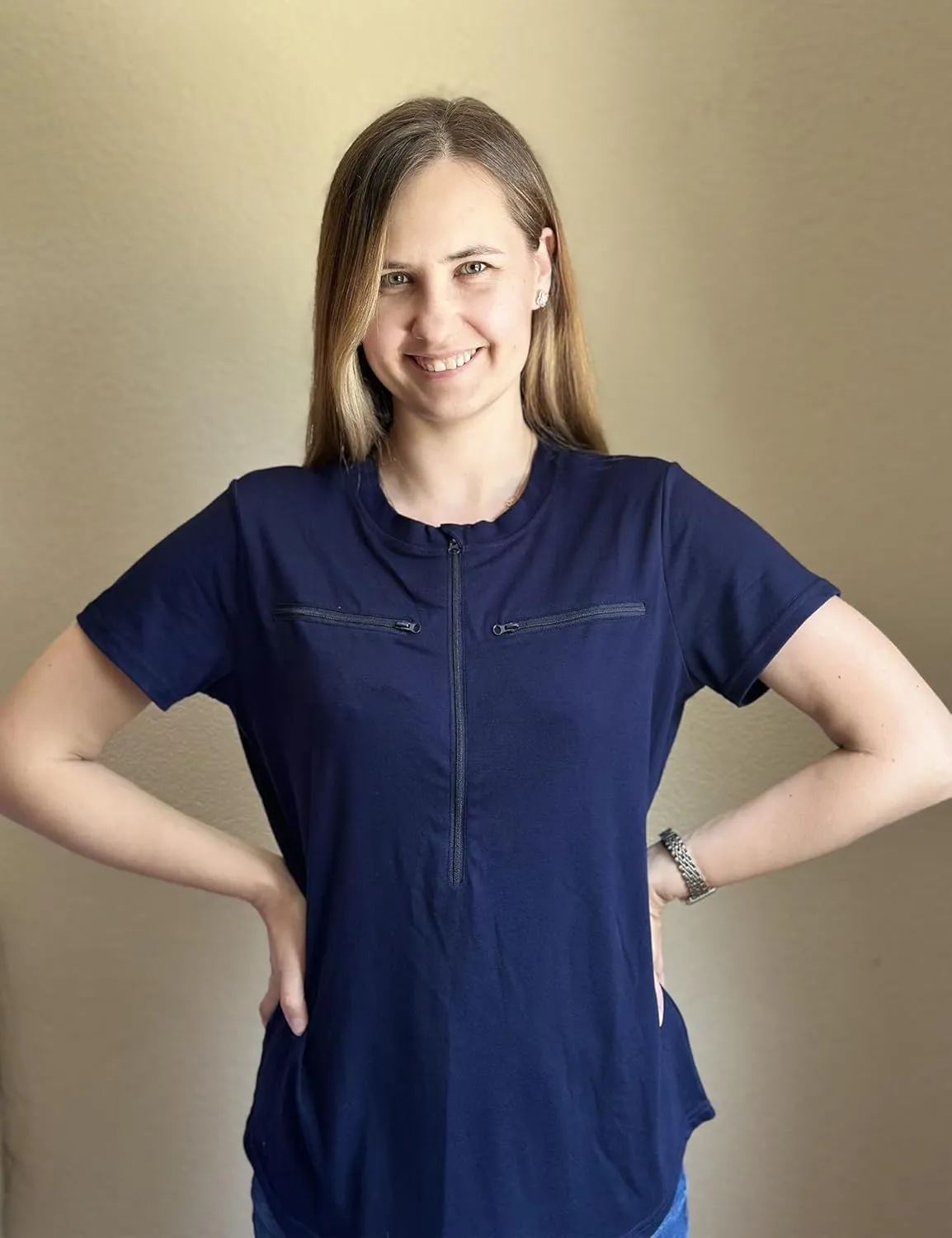 Youdiao Chemo Port Shirts for Women Short Sleeve Post-Surgery Recovery with 2 Side Snaps Dual Zipper Dialysis Cancer Clothing