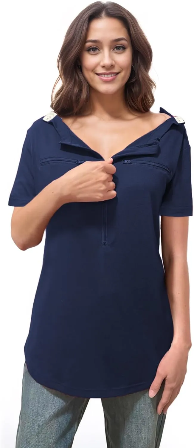 Youdiao Chemo Port Shirts for Women Short Sleeve Post-Surgery Recovery with 2 Side Snaps Dual Zipper Dialysis Cancer Clothing