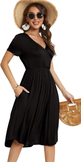 YUNDAI Womens Dress Mini Casual Loose Short Sleeve Polka Dot Knee Length Dresses with Pockets